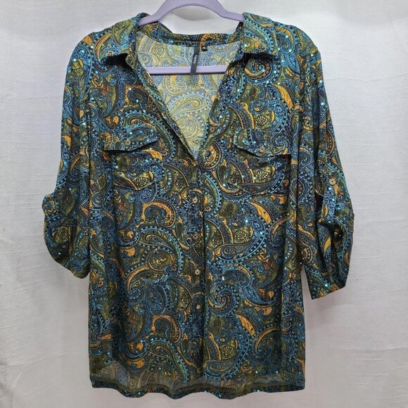 Cathy Dark Paisley Top Embellished Blue Sequins Collared Artsy Women's Size XL - Picture 1 of 8